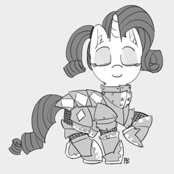 Size: 1280x1282 | Tagged: safe, artist:pabbley, imported from derpibooru, rarity, pony, armor, eyes closed, fantasy class, female, gray background, grayscale, knight, monochrome, raised hoof, simple background, solo, warrior
