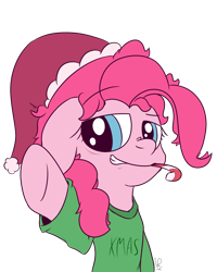 Size: 1600x2000 | Tagged: safe, artist:narmet, imported from derpibooru, pinkie pie, pony, candy, candy cane, christmas, clothes, cute, female, food, hat, santa hat, simple background, solo, transparent background