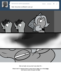 Size: 666x800 | Tagged: safe, artist:egophiliac, imported from derpibooru, princess luna, oc, oc:frolicsome meadowlark, oc:sunshine smiles (egophiliac), bat pony, pony, moonstuck, bandaid, bandaid on nose, cartographer's cap, filly, grayscale, hat, looking up, monochrome, woona, woonoggles, younger