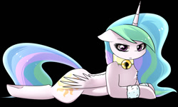Size: 1386x834 | Tagged: safe, artist:php69, imported from derpibooru, princess celestia, pony, bell, bell collar, black background, collar, female, prone, simple background, solo