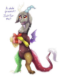 Size: 1356x1638 | Tagged: safe, artist:confetticakez, imported from derpibooru, discord, draconequus, christmas, crying, cute, daaaaaaaaaaaw, dialogue, discute, floppy ears, holiday, implied fluttershy, implied princess celestia, male, open mouth, present, question, question in description, simple background, snow, solo, talking to viewer, tears of joy, white background