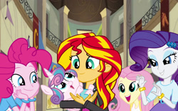 Size: 2889x1813 | Tagged: safe, artist:conthauberger, imported from derpibooru, fluttershy, pinkie pie, princess flurry heart, rarity, sunset shimmer, human, pony, equestria girls, auntie sunset, canterlot high, human ponidox, mama sunset, self ponidox, soon