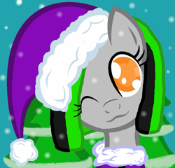 Size: 827x793 | Tagged: safe, artist:leadhooves, artist:niightlydark, imported from derpibooru, oc, oc only, oc:vanessa von drake, pony, :3, base used, christmas ponies, one eye closed, snow, solo, wink