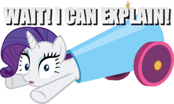 Size: 960x574 | Tagged: safe, imported from derpibooru, rarity, pony, unicorn, cannon, caught, female, horn, image macro, meme, pony cannonball, simple background, solo, surprised, white background, wide eyes