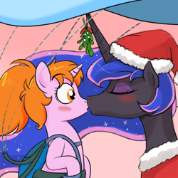 Size: 540x540 | Tagged: safe, artist:lumineko, artist:phallen1, imported from derpibooru, princess luna, oc, oc:maya northwind, blushing, christmas, clothes, costume, eyes closed, eyeshadow, female, hat, kissing, lesbian, makeup, mistletoe, mistletoe horn, parachute, ponytail, santa costume, santa hat, surprise kiss, surprised, wide eyes