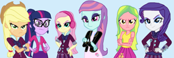 Size: 1851x620 | Tagged: safe, artist:diana173076, imported from derpibooru, applejack, fluttershy, lemon zest, rarity, sci-twi, sunny flare, twilight sparkle, equestria girls, alternate universe, base used, ms paint