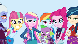 Size: 1280x720 | Tagged: safe, artist:diana173076, imported from derpibooru, indigo zap, pinkie pie, princess cadance, rainbow dash, sour sweet, spike, spike the regular dog, sugarcoat, dog, equestria girls, alternate universe, base used, dean cadance, ms paint