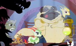 Size: 588x354 | Tagged: safe, artist:christhes, imported from derpibooru, boar, crocodile, gazelle, goat, hutt, pig, pug, bib fortuna, chains, collar, cropped, gamorrean guard, jabba the hutt, jabba's palace, leash, oola, salacious crumb, sex slave, slave, star mares, star wars, throne, topi