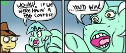 Size: 565x237 | Tagged: artist needed, safe, imported from derpibooru, braeburn, lyra heartstrings, comic, dialogue, duo, faggot, faic, floppy ears, gayburn, looking at each other, open mouth, pointing, underhoof, vulgar