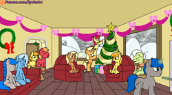 Size: 1800x1000 | Tagged: safe, artist:spritepony, imported from derpibooru, apple bloom, applejack, big macintosh, braeburn, granny smith, trixie, oc, oc:sprite, oc:steelspark, oc:sweet apple harvest, alicorn, earth pony, pony, unicorn, alicorn oc, apple family, christmas tree, group, hearth's warming, hearth's warming eve, holly, male, patreon, patreon logo, present, shipping, sprite's ponyville house, tree, wreath