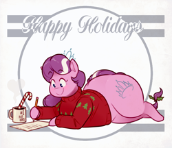 Size: 1450x1250 | Tagged: safe, artist:secretgoombaman12345, imported from derpibooru, apple bloom, diamond tiara, scootaloo, sweetie belle, earth pony, pony, ask chubby diamond, candy, candy cane, caption, chubby, chubby diamond, cutie mark crusaders, fat, female, filly, food, food transformation, inanimate tf, obese, solo, text, transformation, transformation sequence