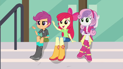 Size: 1280x720 | Tagged: safe, imported from derpibooru, screencap, apple bloom, scootaloo, sweetie belle, equestria girls, friendship games, boots, clothes, cutie mark crusaders, jacket, jeans, pants, shirt, shoes, shorts, sitting, skirt, trio, waving