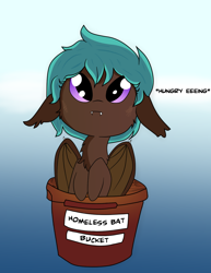 Size: 1072x1392 | Tagged: safe, artist:sweetai belle, artist:tjpones, imported from derpibooru, oc, oc only, bat pony, pony, bat bucket, big eyes, bucket, chest fluff, colored, cute, descriptive noise, eeee, fangs, floppy ears, frown, gradient background, homeless, hungry, leaning, looking up, meme, sad, sadorable, solo, tjpones is trying to murder us