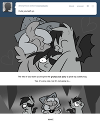 Size: 666x834 | Tagged: safe, artist:egophiliac, imported from derpibooru, princess luna, oc, oc:frolicsome meadowlark, oc:sunshine smiles (egophiliac), bat pony, pony, moonstuck, cartographer's cap, cute, eyepatch, filly, gang hape, grayscale, group hug, hape, hat, hug, logic, monochrome, personal space invasion, woona, woonoggles, younger