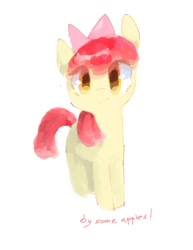 Size: 690x893 | Tagged: safe, artist:laurasrxfgcc, artist:twico, imported from derpibooru, apple bloom, pony, blank flank, buy some apples, cute, dialogue, female, looking at you, simple background, solo, white background