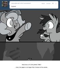 Size: 666x800 | Tagged: safe, artist:egophiliac, imported from derpibooru, princess luna, oc, oc:frolicsome meadowlark, oc:sunshine smiles (egophiliac), bat pony, pony, moonstuck, cartographer's cap, cave, eyepatch, filly, grayscale, hat, monochrome, woona, woonoggles, younger