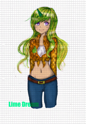 Size: 2410x3436 | Tagged: safe, artist:limedreaming, artist:okotteneko, imported from derpibooru, oc, oc only, oc:lime dream, human, belly button, clothes, horned humanization, humanized, lined paper, midriff, solo, traditional art