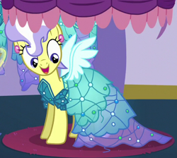 Size: 463x414 | Tagged: safe, imported from derpibooru, screencap, upper crust, pony, unicorn, canterlot boutique, background pony, clothes, cute, dress, ear piercing, earring, female, jewelry, mare, outfit catalog, piercing, princess dress, solo