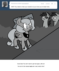 Size: 666x800 | Tagged: safe, artist:egophiliac, imported from derpibooru, princess luna, oc, oc:frolicsome meadowlark, oc:sunshine smiles (egophiliac), bat pony, pony, moonstuck, cartographer's cap, eyepatch, filly, grayscale, hat, monochrome, woona, woonoggles, younger