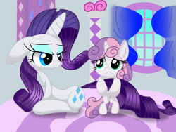 Size: 1600x1200 | Tagged: safe, artist:lovehtf421, imported from derpibooru, rarity, sweetie belle, pony, :c, duo, tail hold