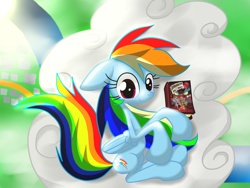 Size: 1600x1200 | Tagged: safe, artist:lovehtf421, imported from derpibooru, rainbow dash, pony, book, cloud, female, solo