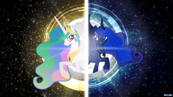 Size: 1920x1080 | Tagged: safe, artist:ewized, artist:hawk9mm, artist:stellar, imported from derpibooru, princess celestia, princess luna, back to back, eclipse, lens flare, raised hoof, sisters, stars, vector, wallpaper