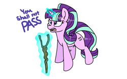 Size: 1600x997 | Tagged: safe, artist:drducksauce, imported from derpibooru, starlight glimmer, pony, unicorn, female, lord of the rings, magic, parody, s5 starlight, simple background, solo, staff, staff of sameness, telekinesis, white background, you shall not pass