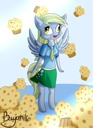 Size: 1024x1410 | Tagged: safe, artist:bayanik, imported from derpibooru, derpy hooves, anthro, clothes, equestria girls outfit, female, food, muffin, solo, that pony sure does love muffins