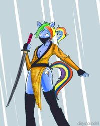 Size: 660x829 | Tagged: safe, artist:dirtyscoundrel, imported from derpibooru, rainbow dash, anthro, cleavage, female, katana, solo, sword, weapon