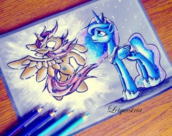 Size: 800x635 | Tagged: safe, artist:ltiachan, imported from derpibooru, princess luna, oc, oc:sapphire swirl, alicorn, pony, alicornified, colored pencil drawing, glowing eyes, race swap, sparkles, spread wings, traditional art