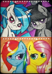 Size: 1635x2338 | Tagged: safe, artist:canvymamamoo, imported from derpibooru, dj pon-3, fluttershy, octavia melody, rainbow dash, vinyl scratch