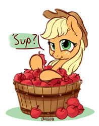 Size: 1100x1400 | Tagged: safe, artist:bobdude0, imported from derpibooru, applejack, apple, barrel, bite mark, dialogue, eating, female, food, solo