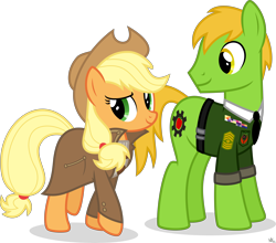 Size: 8000x7032 | Tagged: safe, artist:starlessnight22, imported from derpibooru, applejack, oc, oc:applesnack, earth pony, pony, fallout equestria, absurd resolution, fallout, fanfic, fanfic art, female, hat, hooves, male, mare, ministry mares, simple background, solo, stallion, transparent background