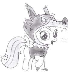 Size: 2495x2688 | Tagged: safe, artist:drchrisman, imported from derpibooru, scootaloo, pegasus, pony, wolf, luna eclipsed, animal costume, clothes, cosplay, costume, female, monochrome, open mouth, scootawolf, sketch, solo, traditional art, wolf costume