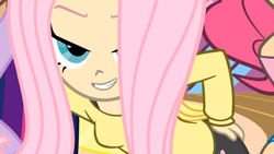 Size: 1280x720 | Tagged: safe, artist:skill:draw, imported from derpibooru, fluttershy, pinkie pie, twilight sparkle, human, bedroom eyes, clothes, flutterr mlh, humanized, sexy, sweater, sweatershy