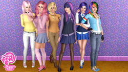 Size: 1920x1080 | Tagged: safe, imported from derpibooru, applejack, fluttershy, pinkie pie, rainbow dash, rarity, twilight sparkle, human, 3d, clothes, humanized, mane six, sweater, sweatershy, the sims, the sims 3