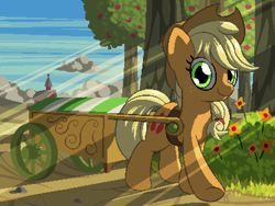 Size: 800x600 | Tagged: safe, artist:rangelost, imported from derpibooru, applejack, oc, oc only, earth pony, pony, cyoa:d20 pony, apple, apple tree, bush, cart, cloud, cowboy hat, crepuscular rays, female, flower, food, hat, looking at you, mare, outdoors, pixel art, sky, smiling, solo, stetson, sweet apple acres, tree, wagon