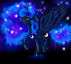 Size: 1100x1000 | Tagged: safe, artist:vanezaescobedo, imported from derpibooru, princess luna, alicorn, pony, female, floppy ears, looking up, raised hoof, raised leg, smiling, solo, spread wings, stars