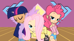 Size: 1280x720 | Tagged: safe, artist:skill:draw, imported from derpibooru, fluttershy, pinkie pie, twilight sparkle, human, bedroom eyes, clothes, curvy, cutie mark, flutterr mlh, humanized, leotard, off shoulder, stupid sexy pinkie, sweater, sweatershy, twilight sparkle (alicorn)