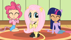 Size: 1280x720 | Tagged: safe, artist:skill:draw, imported from derpibooru, fluttershy, pinkie pie, twilight sparkle, human, cat ears, cat tail, catgirl, clothes, eyes closed, female, fluttercat, flutterr mlh, humanized, leg warmers, leotard, off shoulder, sweater, sweatershy, twilight cat