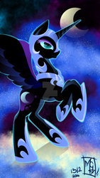 Size: 1024x1820 | Tagged: safe, artist:sukino-sakura, imported from derpibooru, nightmare moon, cloud, female, flying, moon, smiling, solo, watermark