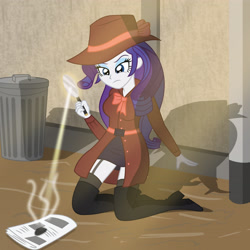 Size: 4056x4048 | Tagged: safe, artist:sumin6301, imported from derpibooru, rarity, equestria girls, absurd resolution, boots, clothes, detective, detective rarity, female, garter belt, garters, kneeling, magnifying glass, newspaper, smoke, socks, solo, stockings, thigh boots, thigh highs