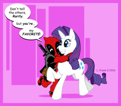 Size: 807x707 | Tagged: safe, artist:wom-bat, imported from derpibooru, rarity, crossover, deadpool, gritted teeth, hug