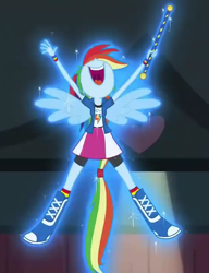 Size: 552x720 | Tagged: safe, imported from derpibooru, screencap, rainbow dash, equestria girls, friendship games, chs rally song, cropped, female, flying, glow, glowing, nose in the air, open mouth, ponied up, solo, uvula, volumetric mouth