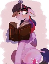 Size: 2000x2620 | Tagged: safe, artist:mili-kat, imported from derpibooru, twilight sparkle, alicorn, pony, book, female, floppy ears, glowing horn, magic, mare, sitting, solo, telekinesis, twilight sparkle (alicorn)