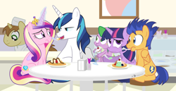 Size: 1240x640 | Tagged: safe, artist:dm29, imported from derpibooru, donut joe, flash sentry, princess cadance, shining armor, spike, twilight sparkle, alicorn, dragon, pegasus, pony, unicorn, eating, female, food, ice cream, mare, sitting, smiling, table, twilight sparkle (alicorn), waffle