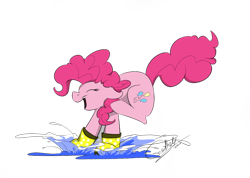 Size: 1024x731 | Tagged: safe, artist:rutkotka, imported from derpibooru, pinkie pie, earth pony, pony, cute, diapinkes, eyes closed, female, mare, open mouth, ponk, puddle, rain boots, simple background, solo, splashing, water, white background