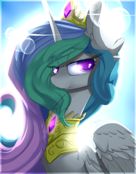 Size: 2000x2550 | Tagged: safe, artist:madacon, imported from derpibooru, princess celestia, alicorn, pony, backlighting, crepuscular rays, female, lens flare, mare, smiling, solo