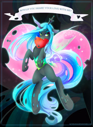 Size: 2338x3196 | Tagged: safe, artist:koveliana, imported from derpibooru, queen chrysalis, changeling, changeling queen, chromatic aberration, color porn, female, heart, hearts and hooves day, mouth hold, solo, valentine's day, valentine's day card