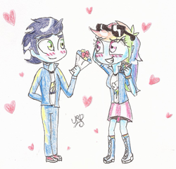 Size: 877x837 | Tagged: dead source, safe, artist:ultrard, imported from derpibooru, rainbow dash, soarin', human, blushing, bouquet of flowers, duo, female, flower, heart, humanized, male, shipping, soarindash, straight, sunglasses, traditional art, valentine's day